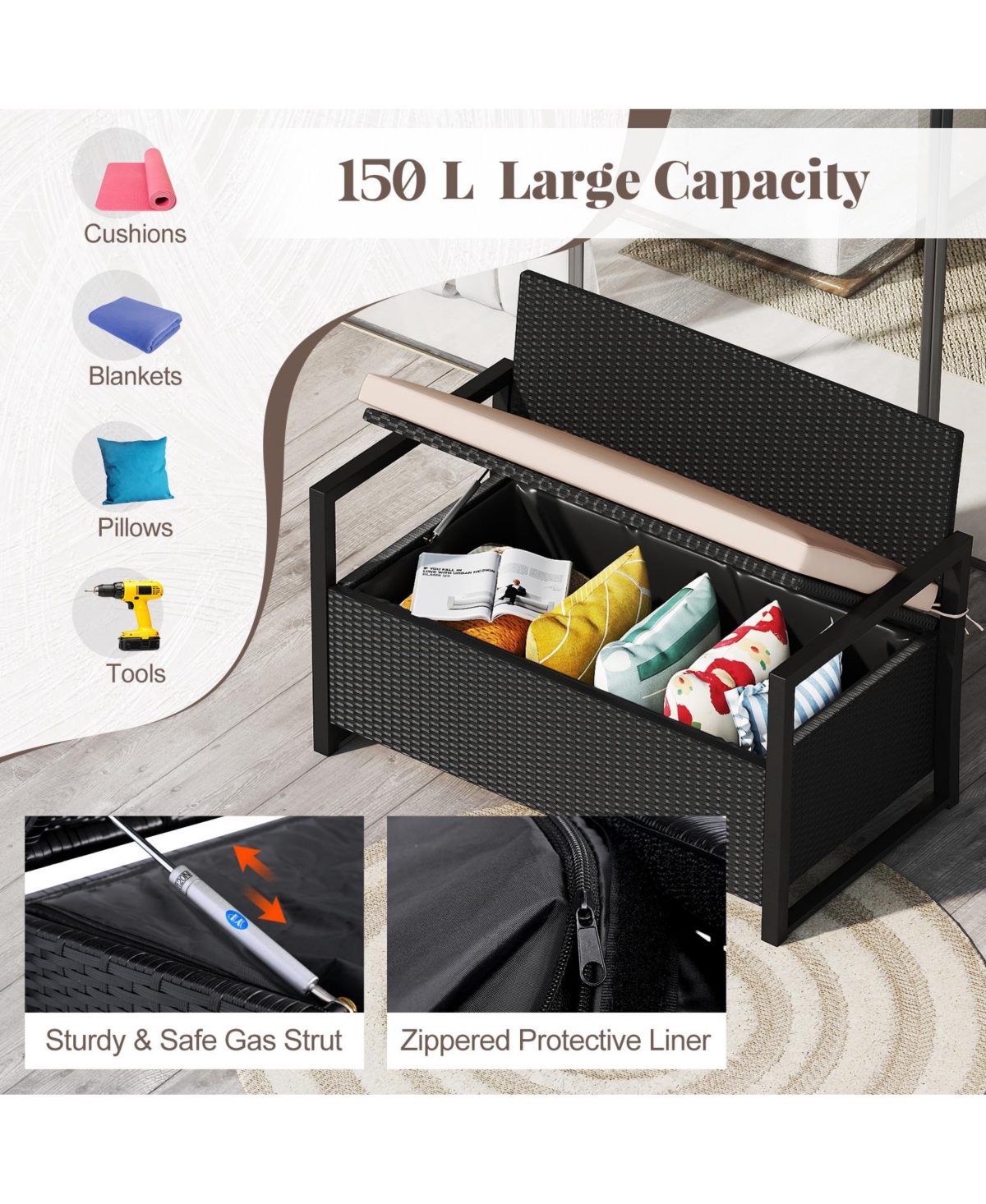 Gouun Wicker Loveseat Storage Bench with 40-Gallon Compartment and Cushion