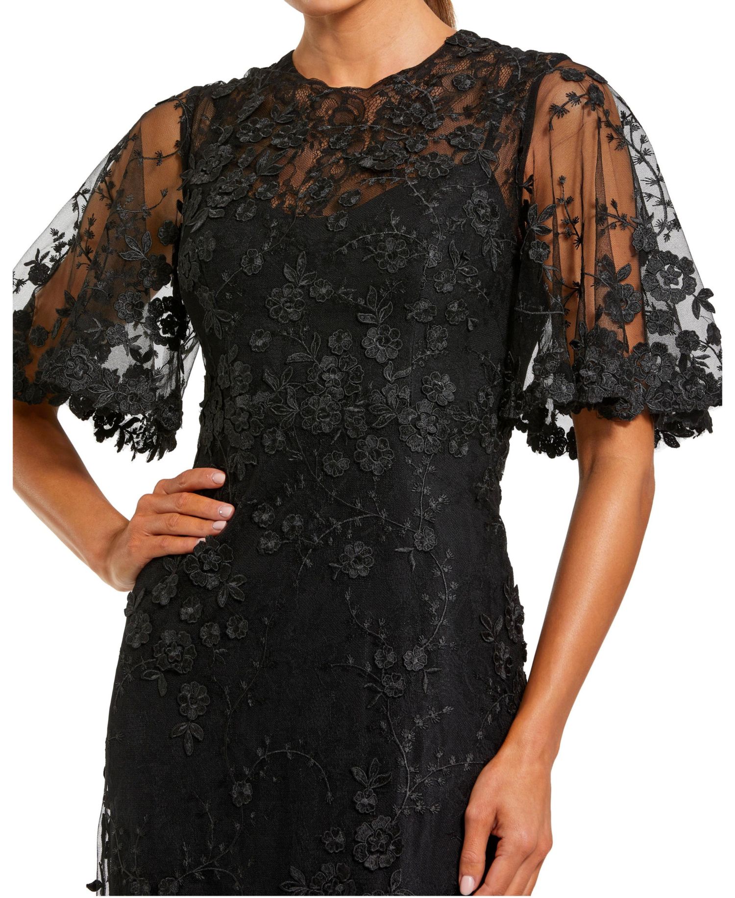 Petite Flutter Sleeve Floral Embroidered Net Gown