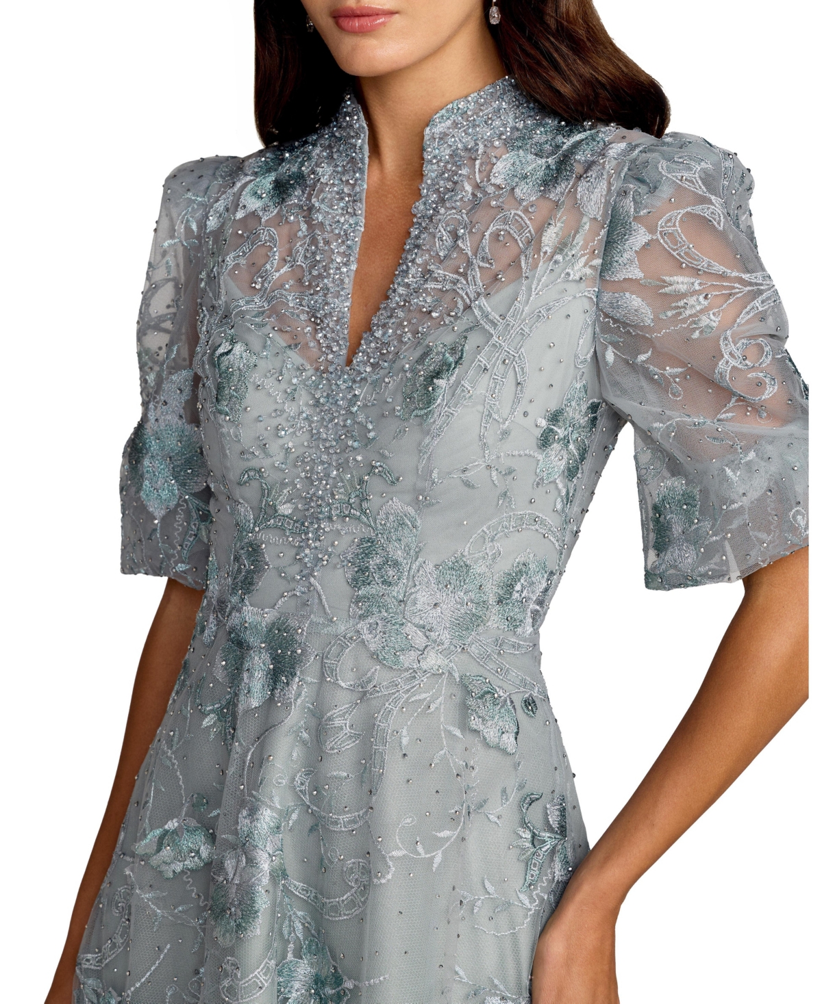 Mac Duggal Women's Embroidered Queen Anne Puff Sleeve A-Line Gown