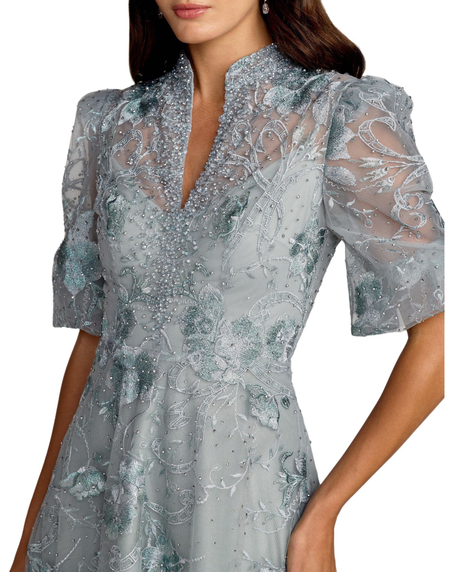 Women's Embroidered Queen Anne Puff Sleeve A Line Gown