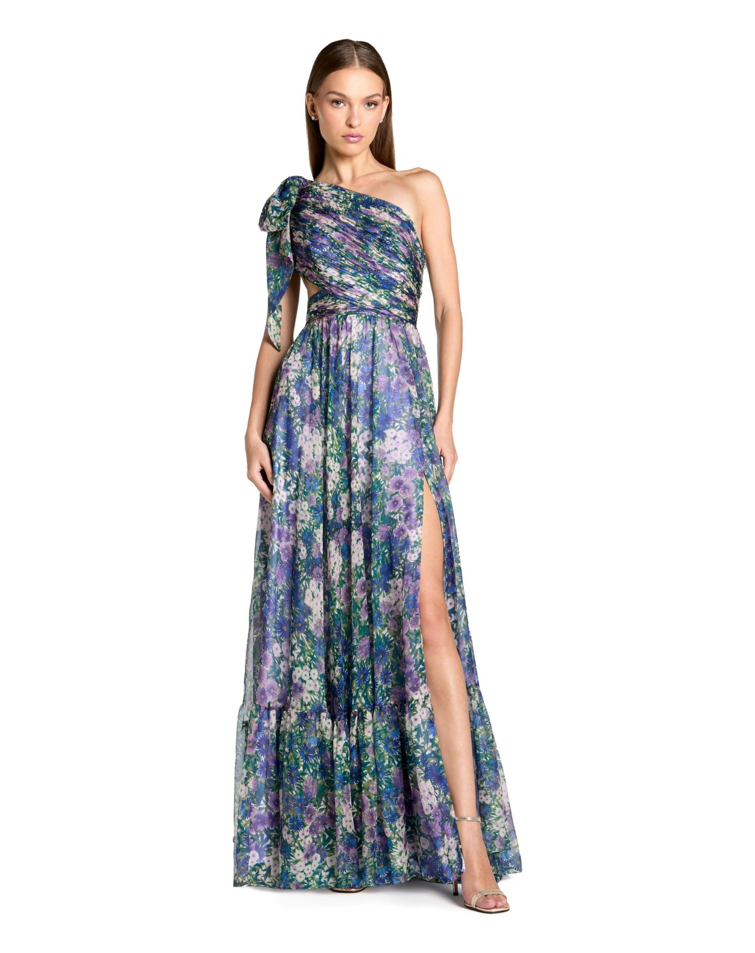 Women's One Shoulder Floral Maxi Gown with Side Cutout