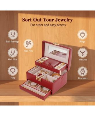 3 Layers Leather Jewelry Storage Box with Lock Mirror Drawers for Necklaces Earrings Bracelets Rings