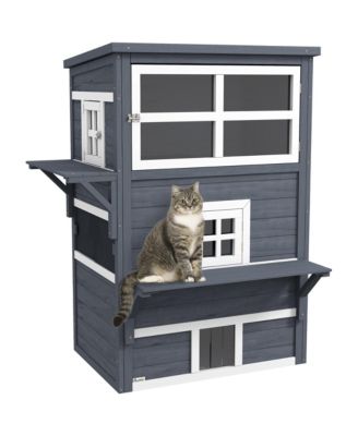 3-Story Outdoor Feral Cat House with Raised Floor, Asphalt Roof, Escape Doors and Jumping Platforms