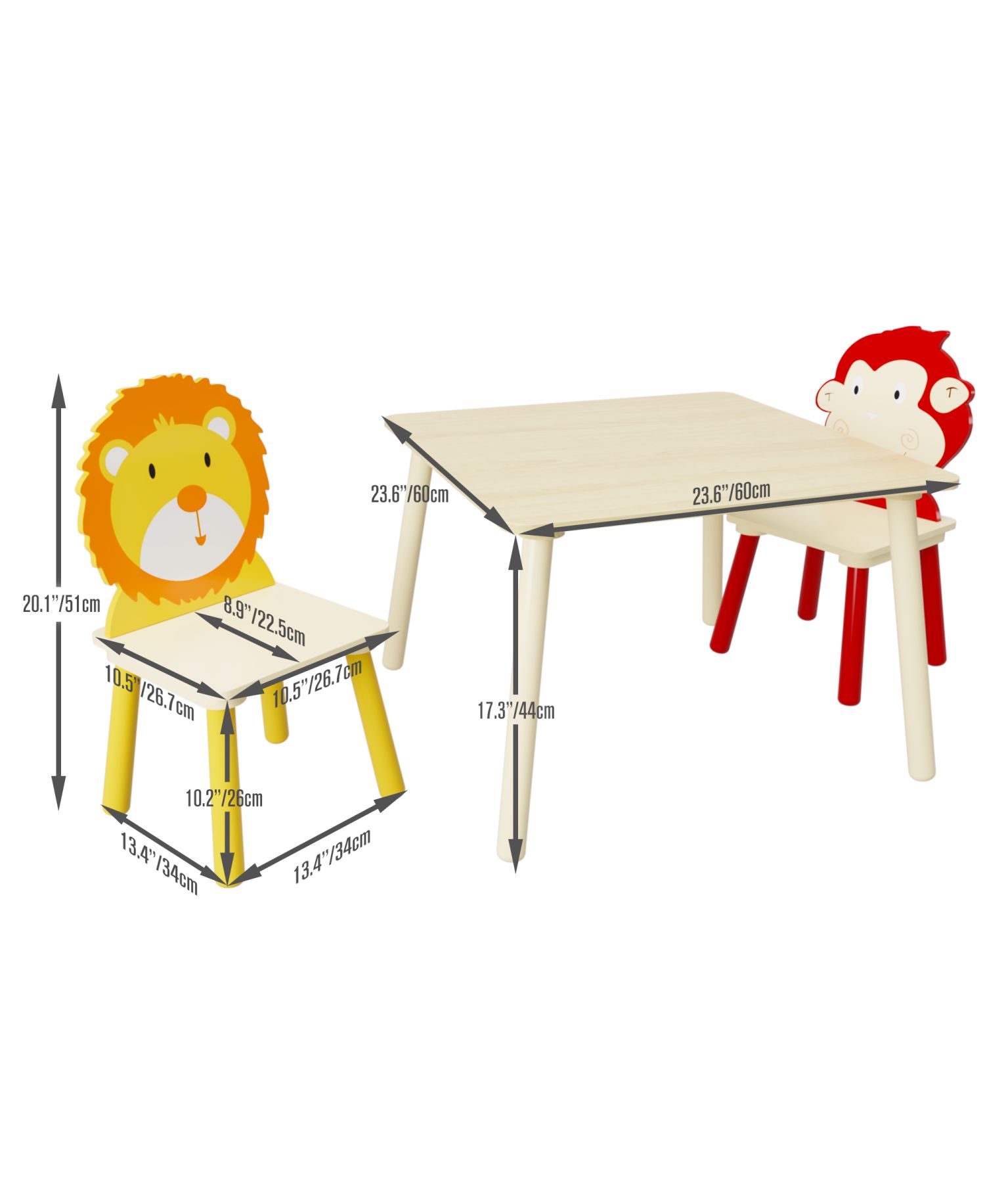 3 Piece Wood Table and Chair Set, w/ 2 LionandMonkey Animals Chairs, Wood Activity Tables Drawing Play Table Set, for Age 2-6 Boy Girl