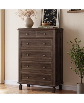 Bedroom 47" Tall 6 Drawer Dresser, Vintage Wood Chest of Drawers with Carved Handles.