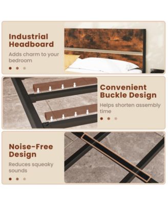 Full Size Metal Bed Frame with Wooden Headboard and Footboard