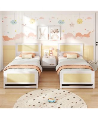 Twin Solid Wood Platform Bed Frame with Storage Drawers and Rattan Headboard