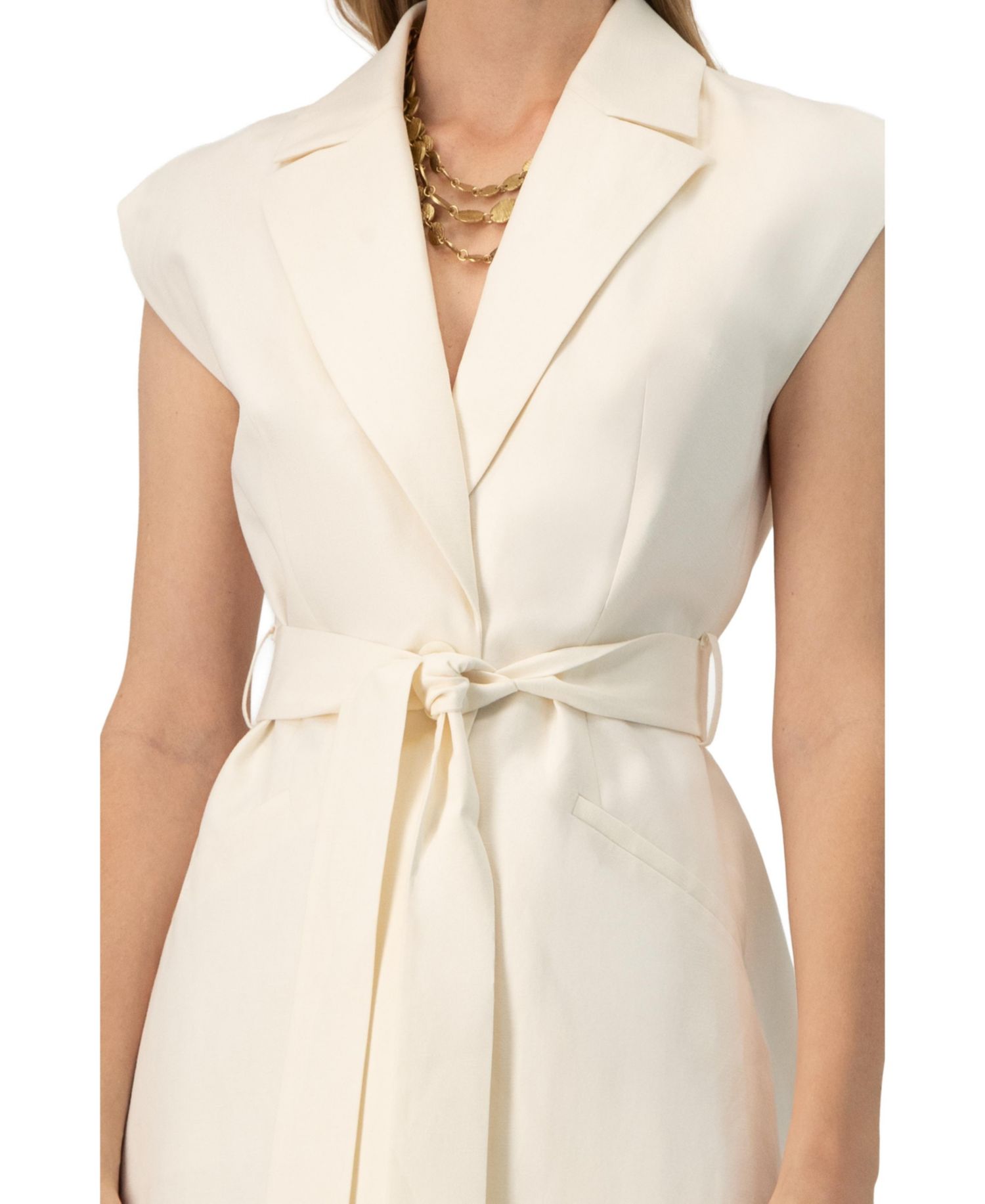 Women's Single-Breasted Linen Vest with Waist Tie