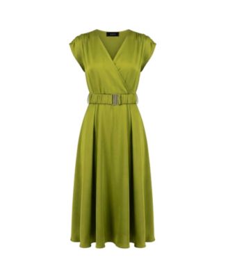 Women's Sleeveless Midi Satin Dress with Belt