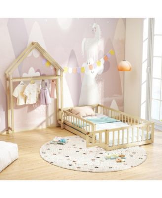 Twin House Floor Bed with House-Shaped Headboard