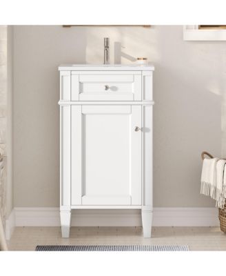 18 Inch Bathroom Vanity with Ceramic Sink Freestanding Single Vanity Soft Close Door Adjustable Shelf French Style Solid Feet