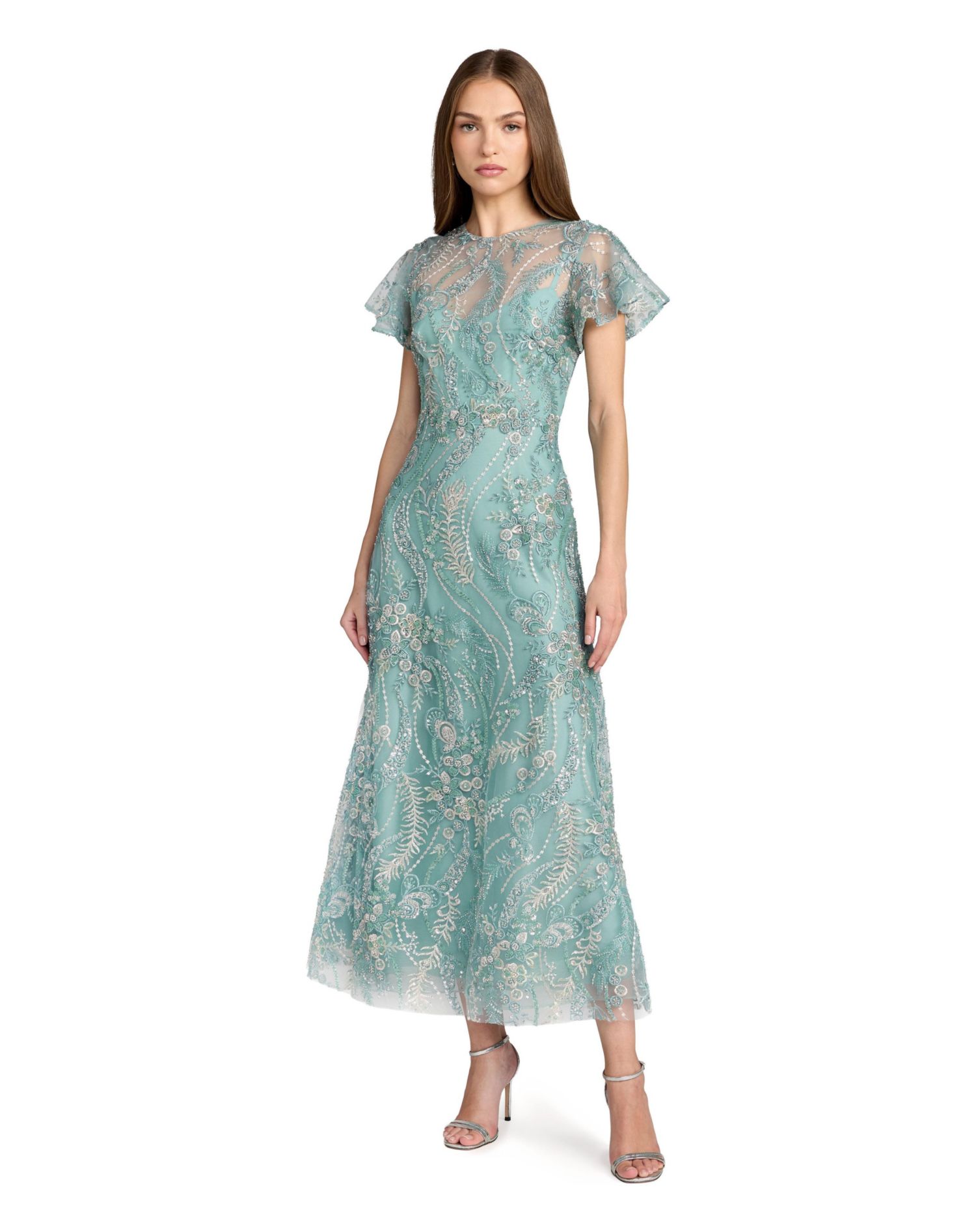 Women's Floral Embroidered Flutter Sleeve Ankle Dress