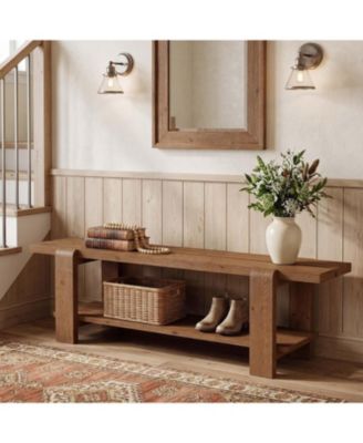 Solid Wood Entryway Bench with Shoe Storage Shelf, 63-Inch Long Farmhouse Entry Shoe Bench, End of Bed Bench