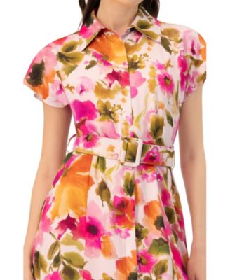 Women's Midi Belted Floral Print Shirt Style Dress
