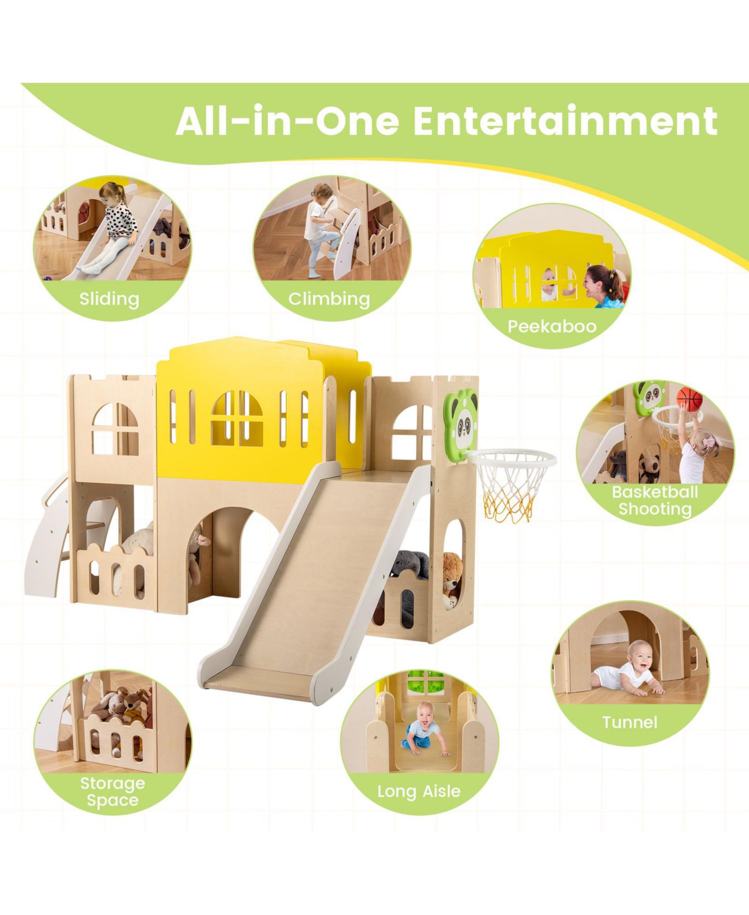 Kids 7-in-1 Slide Playset with Climber and Basketball Hoop