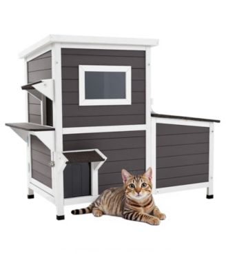 Cat House Outdoor 2-Story Wooden Shelter for 3 Cats