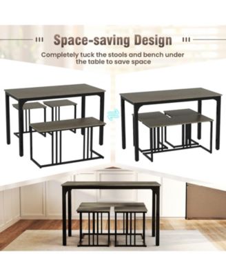 4 Pieces Space-Saving Dining Table Set with Bench and 2 Stools-Oak