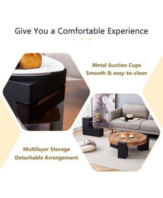 Modern 2-Tier Coffee Table, Round Wooden Top with Black Block Legs and Glass Side Table for Living Room, Apartment