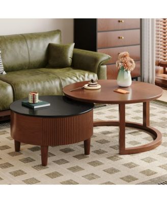Round Nesting Coffee Table Set with Two Tone Wood and Storage Drawer