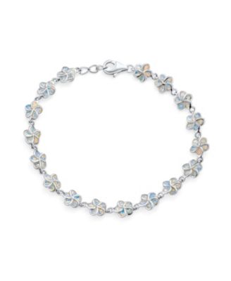 White Created Opal Hawaiian Plumeria Hawaiian Flower Bracelet .925 Sterling Silver