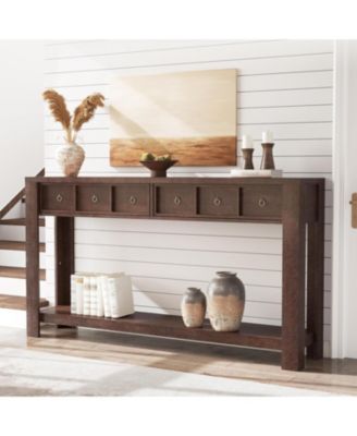 Entryway, Console Table Narrow Sofa Table Behind Couch, Farmhouse Entry Table with 2 Drawers, 2-Tier Open Shelf Hallway Foyer Table