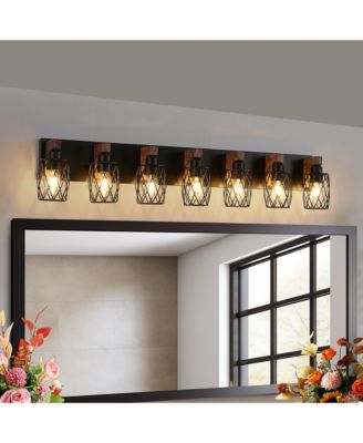 Industrial Vintage 7 Light Wall Sconce Black Cage Wall Fixture with Wood Accent for Bathroom Hallway Living Room Bulb Not Included