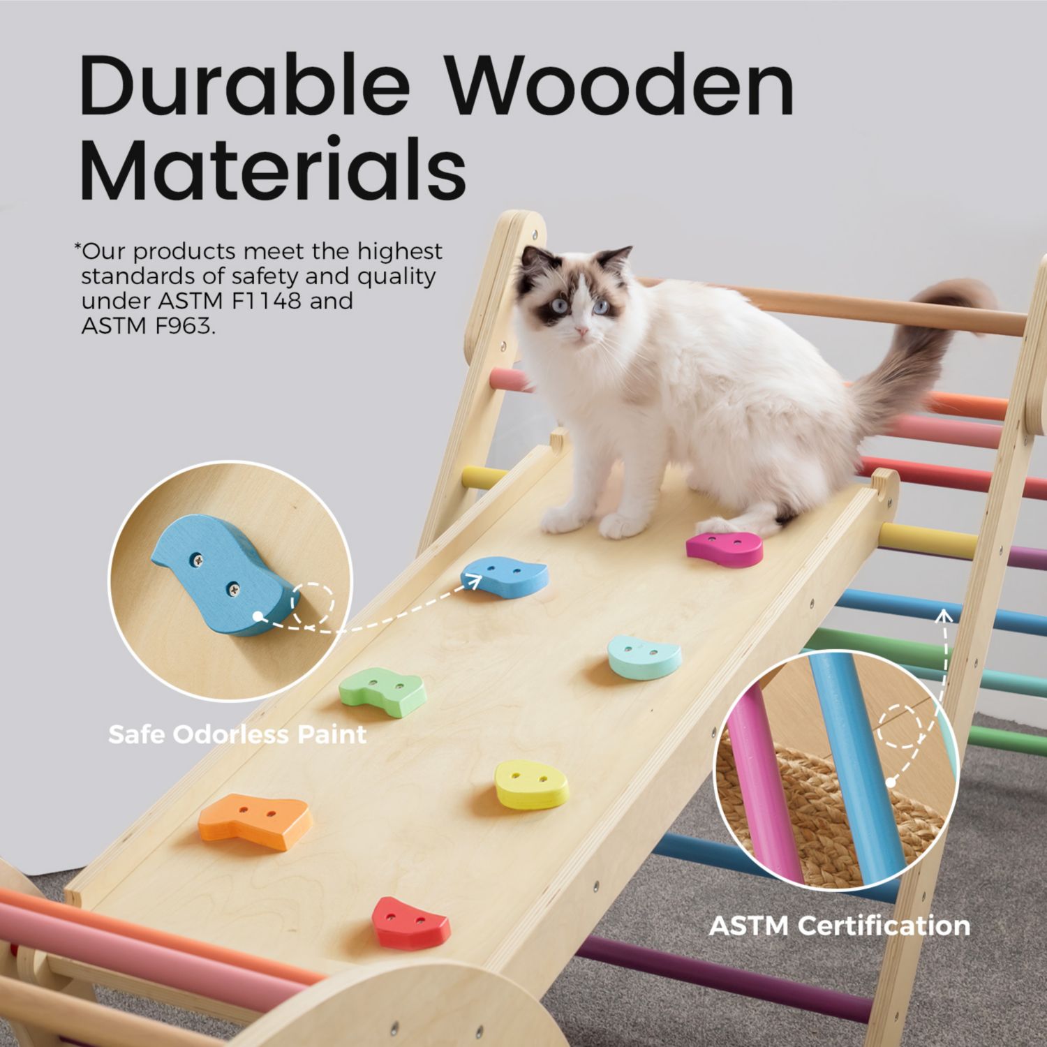 Pikler Triangle Set, 7-in-1 Wooden Montessori Climbing Toy Set, Toddler Indoor Playground Jungle Gym - Rainbow