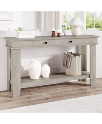 54-Inch Long Console Table with Drawers, Wooden Rectangular Entryway Table w/Open Storage Shelf, Sofa Table Behind Couch