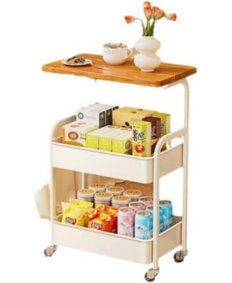 3-Tier Rolling Cart w/Wooden Tabletop, Utility Cart w/Lockable Wheels, Multipurpose Storage Organizer Trolley for Kitchen, Office, Bedroom