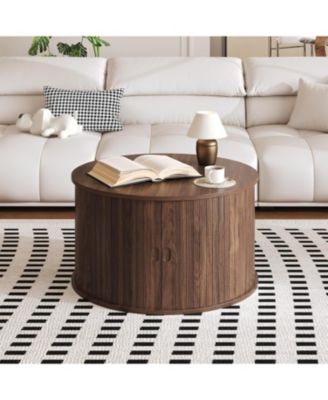 28" Round Coffee Table with Storage, Mid Century Modern Fluted Accent Table with Sliding Tambour Door for Living Room