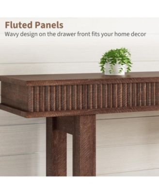 Farmhouse Fluted Console Table, 2 Tier Wooden Entryway Table with Shelf Storage, Rectangular Narrow Sofa Table Behind Couch
