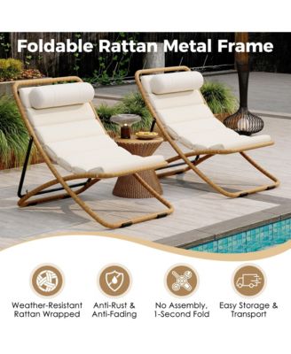 2-Piece Foldable Rattan Lounge Chair Set, Outdoor Reclining Chair with Adjustable Backrest, Thick Cushion and Removable Headrest for Beach