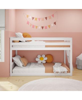 Solid Wood Twin over Twin Low Bunk Bed with Ladder on End For Kids