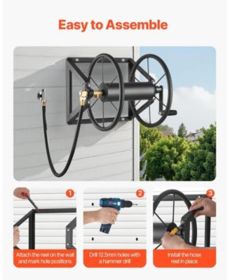 Wall Mounted Hose Reel Holds 200 ft 5/8 in Hose Steel Space Saving