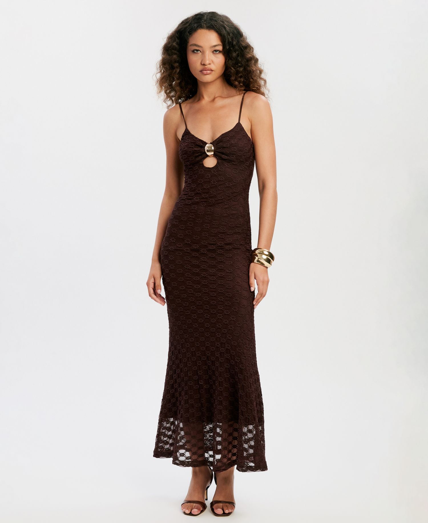 Women's V-Neckline Gold Clasp Midi Dress