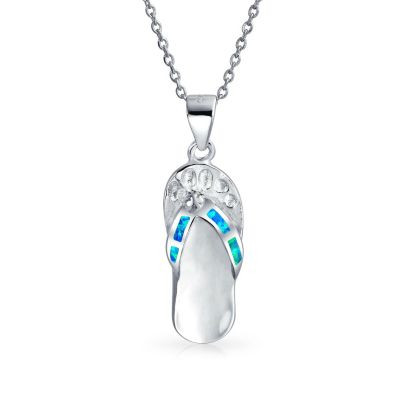 Nautical Created Opal Flip Flop Sandal Pendant Necklace .925 Sterling Silver