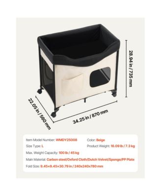 Large Foldable Elevated Pet Lounge Bed with wheels and side storage bags, sturdy raised design, portable and convenient