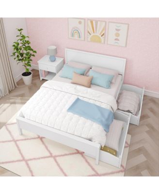 Queen Bed with Storage Drawers, Solid Wood Bed Frame with Panel Headboard, Wood Slat Support, No Box Spring Needed