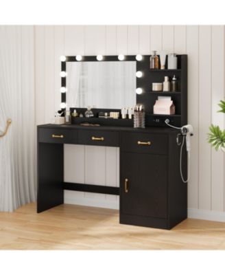 Makeup Vanity Desk with LED Mirror, Power and Charging Station, 3 Drawers, 2 Cubbies, Cabinet, Shelves, Wooden Dressing Table for Bedroom