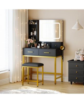 Makeup Vanity Desk with 3-Color Lights, 4 Drawers, 2 Shelves, Built-In Charging Station, LED Vanity Table for Bedroom, Dressing Room