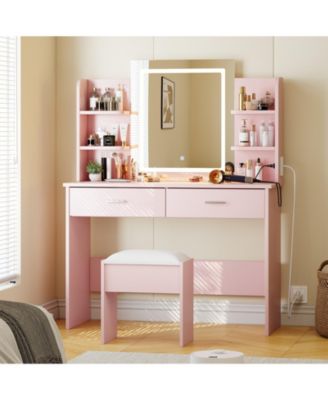 Makeup Vanity Desk with Mirror and LED Lights, 6 Storage Shelves, 2 Drawers, Cushioned Stool, Built-in Power Outlet, Dressing Room Table Set