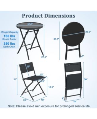 3 Piece Folding Patio Bistro Set with Glass Table and Chairs