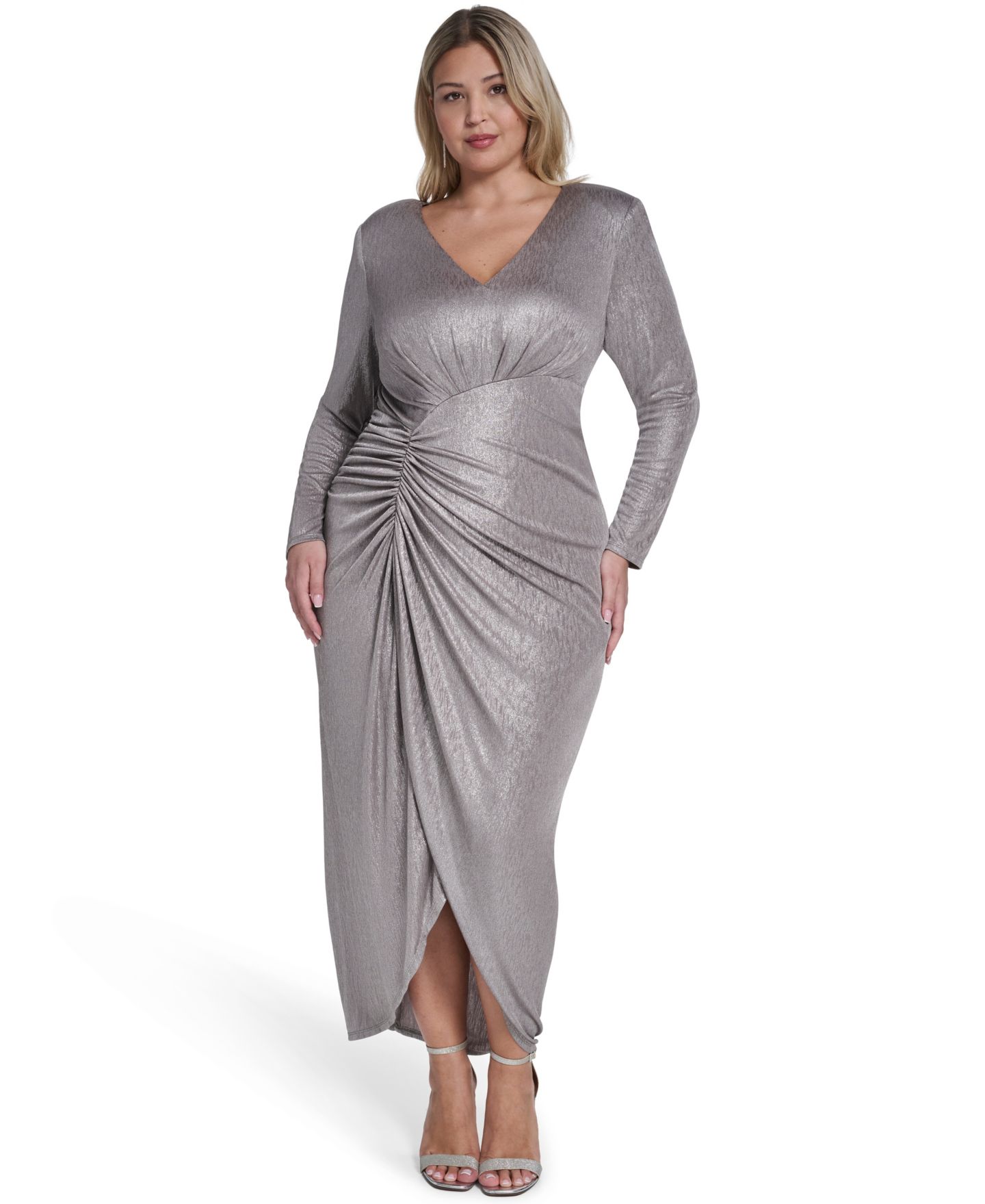 Женское платье Jessica Howard Plus Size V-Neck Gown, цвет: Серо-коричневый — фото 1
