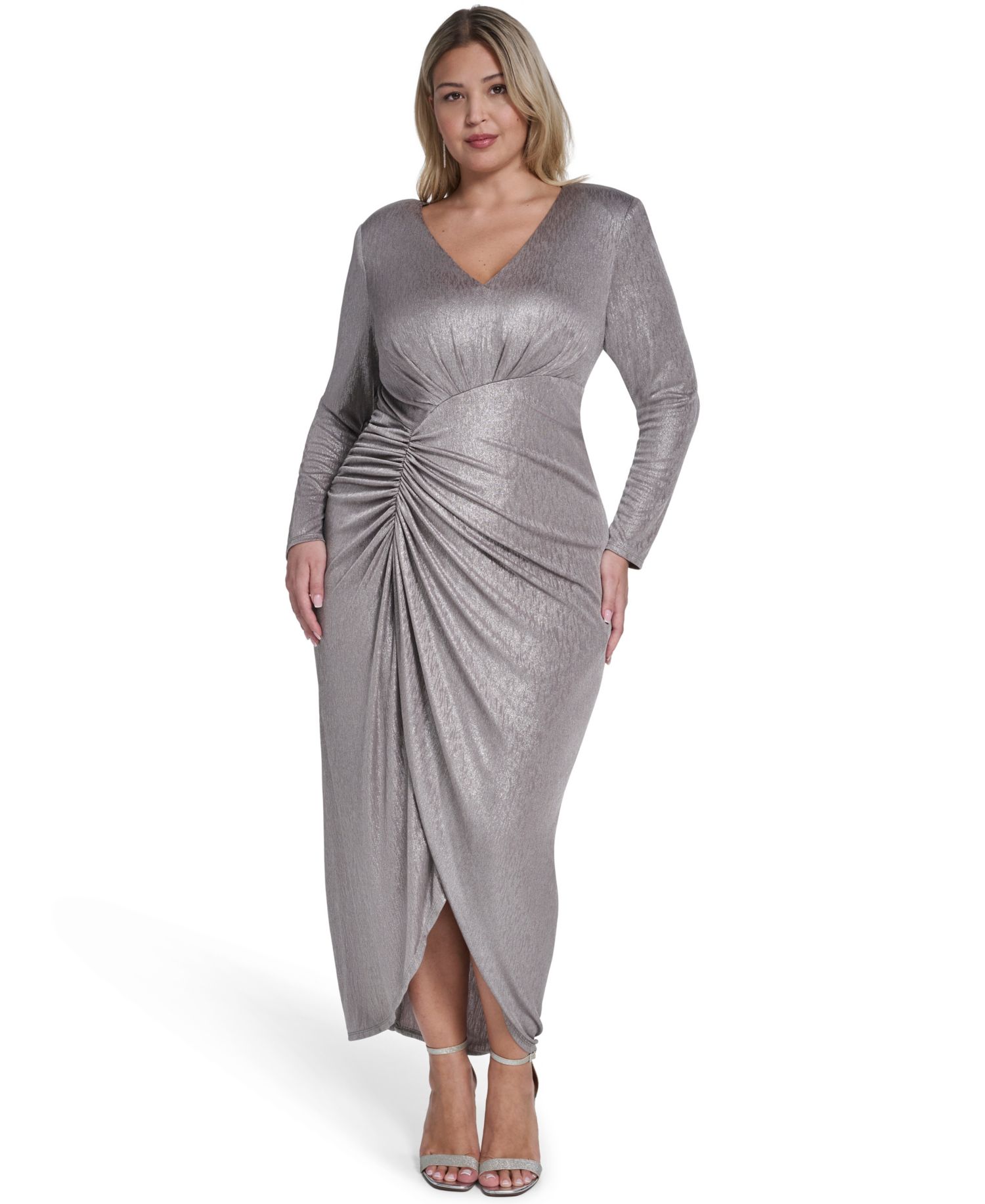 Petite Long-Sleeve V-Neck Gown