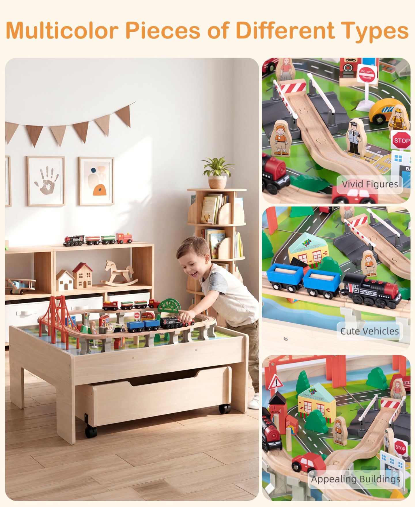 Детские игрушки SUGIFT 100-Piece Multicolor Wooden Kids Activity Table, 3-in-1 Wooden Train Set with Rolling Storage Drawer, Creative Toy Set for Kids Ages 3+, цвет: Натуральный — фото 9