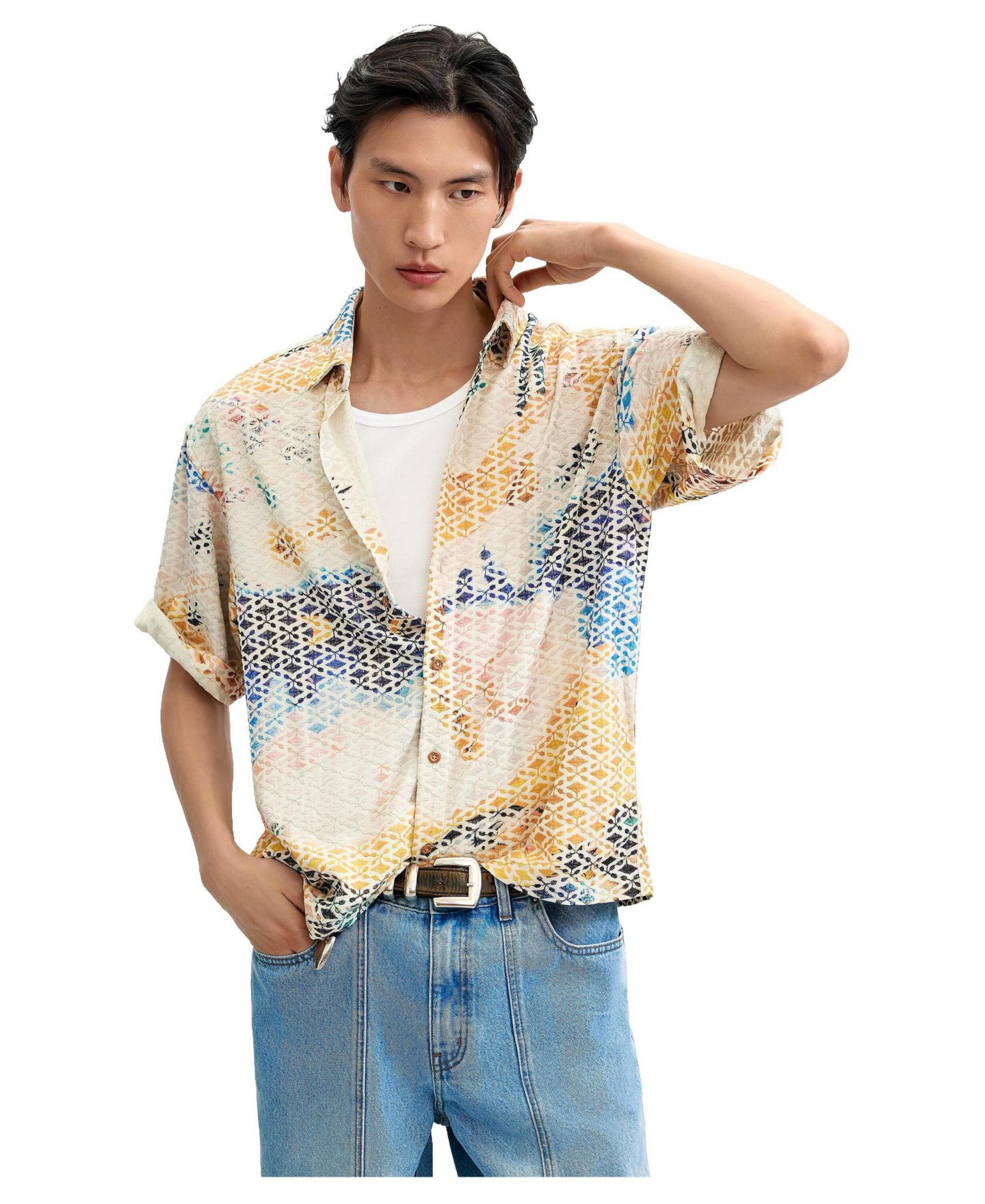 Мужская рубашка Desigual Embroidered printed, цвет: Молочный белый — фото 1