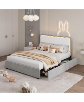 velvet LED bed frame with storage drawers, adjustable headboard, princess-style frame, and metal support frame. No spring mattress required