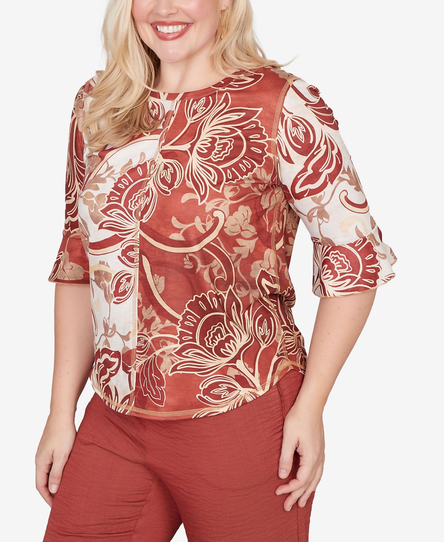 Petite Spice Market Spliced Colors Scroll Print Crewneck Top