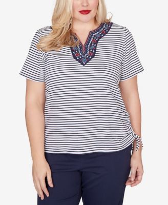 Petite Lady Liberty Embroidered Neck Striped Side-Tie Top