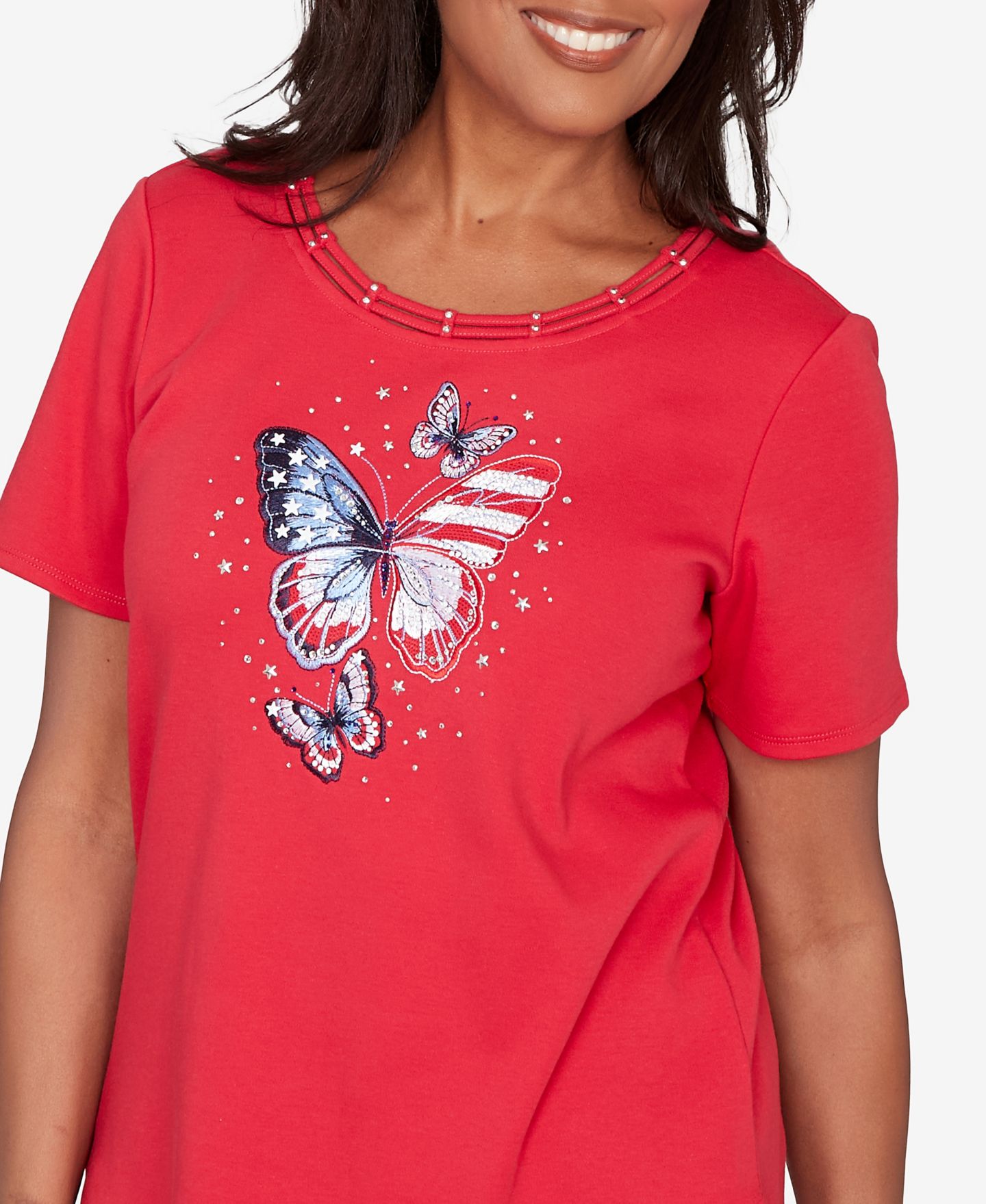 Женская футболка Alfred Dunner Petite Lady Liberty Sparkling Americana Butterfly Crewneck, цвет: Красный — фото 5